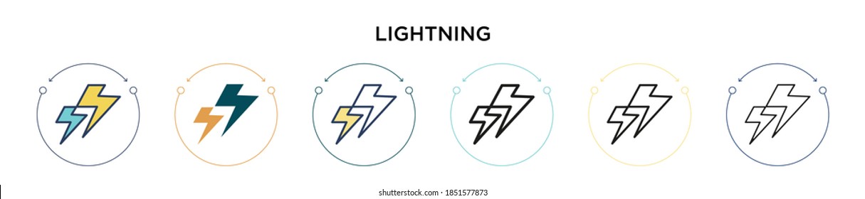 Lightning icon in filled, thin line, outline and stroke style. Vector illustration of two colored and black lightning vector icons designs can be used for mobile, ui, web