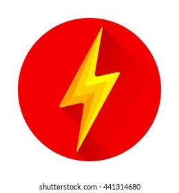 Lightning icon flat design with long shadow. Flash symbol  in red circle on white background. Vector illustration