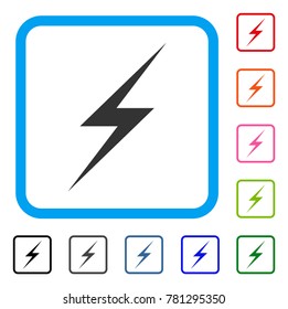 Lightning icon. Flat gray pictogram symbol inside a blue rounded rectangular frame. Black, gray, green, blue, red, orange color additional versions of Lightning vector. Designed for web and app UI.