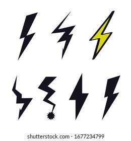 Lightning icon logo flash sign doodle creative cartoon design. Modern, children's style. Fashion print for clothes, cards, picture, poster, banner for websites. Vector illustration