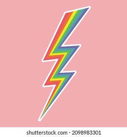 Lightning icon retro style design. Sticker with rainbow and white outline. Flat modern symbol