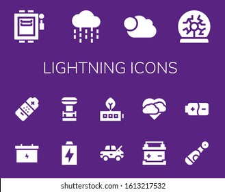 lightning icon set. 14 filled lightning icons. Included Electrical, Rain, Cloudy, Plasma ball, Battery, coil, Damage, Storm, Electric icons