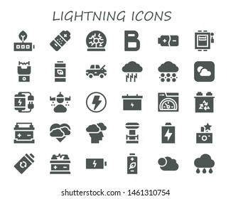 lightning icon set. 30 filled lightning icons.  Collection Of - Battery, Plasma ball, Bold, Electrical, Stun gun, Damage, Storm, Hail, Weather, Rain, Flash, Speed, Tesla coil