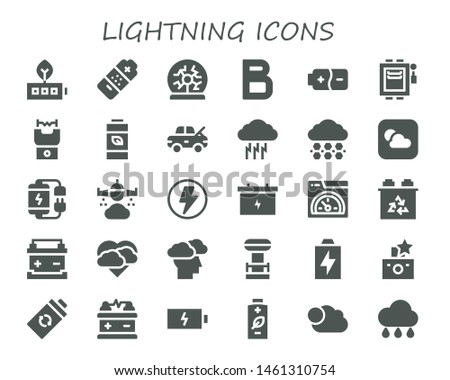 lightning icon set. 30 filled lightning icons.  Collection Of - Battery, Plasma ball, Bold, Electrical, Stun gun, Damage, Storm, Hail, Weather, Rain, Flash, Speed, Tesla coil