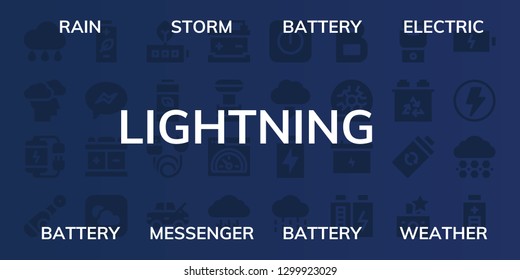  lightning icon set. 32 filled lightning icons. on blue background style Simple modern icons about  - Rain, Storm, Battery, Electric, Messenger, Weather, Charge, Damage, Tesla coil