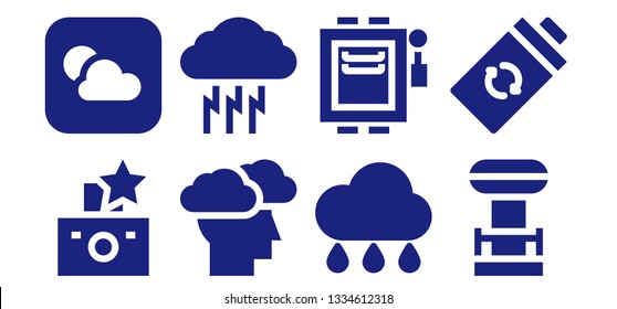 lightning icon set. 8 filled lightning icons.  Collection Of - Flash, Weather, Storm, Rain, Electrical, Tesla coil, Battery