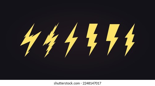 Lightning icon set. Cartoon lightening, bolt logo template, energy and electricity symbols collection. Simple flat design, vector illustration