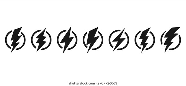 Blitz-Symbol-Set, Blitz im Kreis, elektrisches Blitzsymbol, Energiezeichen, Blitzblitz-Blitz-Blitz-Blitz-Symbol, elektrische einzelne Vektorgrafik auf transparentem Hintergrund. 