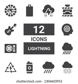 lightning icon set. Collection of 12 filled lightning icons included Rain, Energy drink, Bolt, Power, Empty battery, Electric, Storm