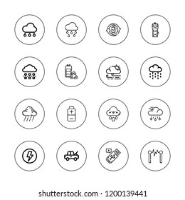 Lightning icon set. collection of 16 outline lightning icons with battery, damage, electricity, flash, hail, rain, raining, stun gun icons.