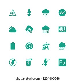 lightning icon set. Collection of 16 filled lightning icons included Flash, Energy drink, Rain, Power, Performance, Empty battery, Storm, Cloudy, Messenger, Bolt