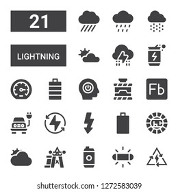 lightning icon set. Collection of 21 filled lightning icons included Bolt, Flash, Energy drink, Power, Cloudy, Electric, Empty battery, Full battery, Performance, Storm, Rain