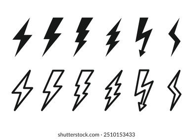 Ícone de raio definido. Sinal e símbolo elétrico. Ícone de energia. Sinal de energia. Ícone de potência de raio, ilustração vetorial.