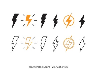 Lightning icon set. electric icon vector. power icon. energy sign, Line and glyph flash sign. Outline thunderbolt symbol.