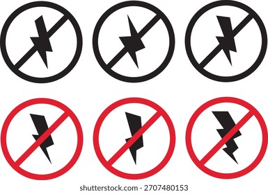 Conjunto de iconos de relámpagos, señal de prohibición de electricidad y relámpagos, signo de icono de energía, se muestran el arte de línea y las versiones llenas, símbolo lineal de electricidad de golpe de trueno,
