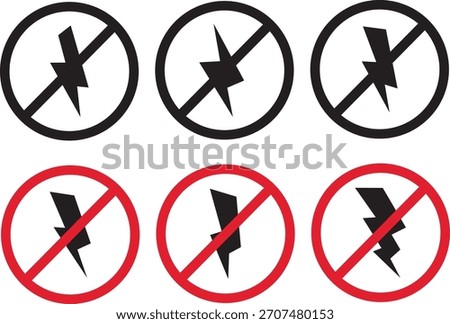 Lightning icon set, Electricity and Lightning Prohibition Sign, power icon energy icon sign, Line art and filled versions are shown,Thunder strike electricity linear symbol,
