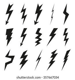 Lightning icon set. Electricity thunder and danger symbol. Lightning strike, Flash and arrow black icons isolated on white background. Storm lightning silhouettes. Vector illustration.