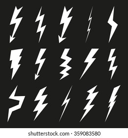 Lightning icon set. Electricity thunder and danger symbol. Lightning strike, Flash and arrow black icons. Storm lightning silhouettes. Vector illustration.