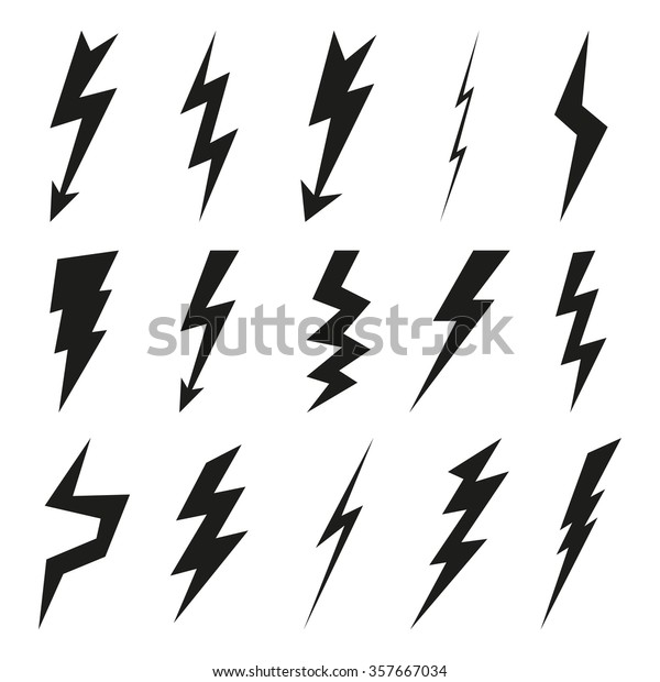 稲妻アイコンセット 電気雷と危険のシンボル 白い背景に稲妻 フラッシュ 矢印のアイコン 嵐の稲妻のシルエット ベクターイラスト のベクター画像素材 ロイヤリティフリー