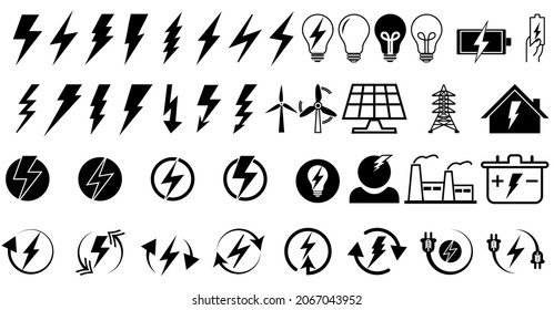 Lightning icon set - energy related icons. Icon set of energy rays, light bulbs, energy tower, solar panel. Vector icons isolated on a white background.