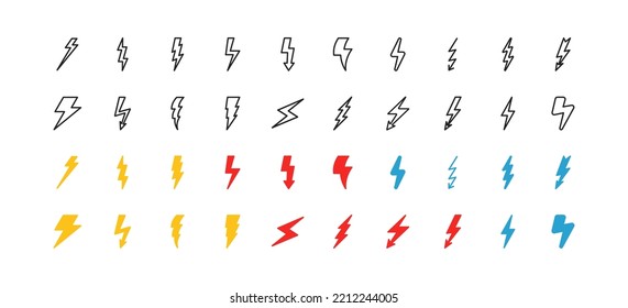 Lightning icon set. Flat design. Concept of electricity.  Thunderbolt, flash, strike signs. Charging symbol. Vector illustration.