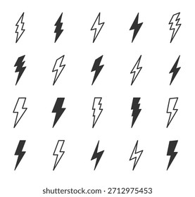 Lightning icon set. Light, energy bolt silhouette icons. Electric energy black silhouettes, power concept. Thunderbolt, light, energy outline solid icons. Editable stroke. Vector illustration
