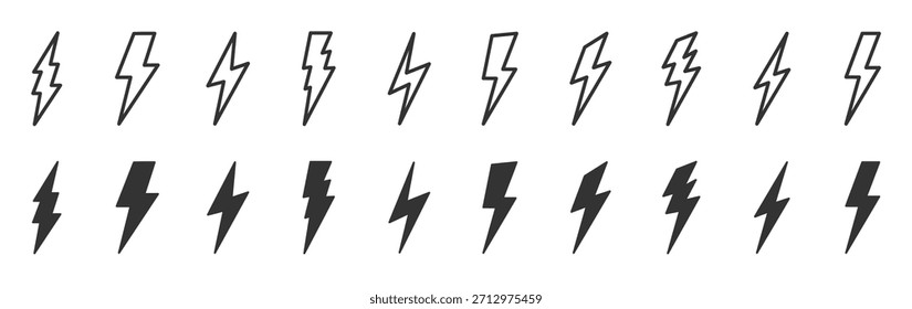 Lightning icon set. Light, energy bolt silhouette icons. Electric energy black silhouettes, power concept. Thunderbolt, light, energy outline solid icons. Editable stroke. Vector illustration