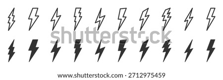 Lightning icon set. Light, energy bolt silhouette icons. Electric energy black silhouettes, power concept. Thunderbolt, light, energy outline solid icons. Editable stroke. Vector illustration