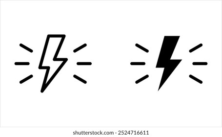 Conjunto de iconos de relámpago. Signo de línea y glifo. Símbolo del rayo del contorno en el fondo blanco
