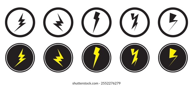 Lightning icon set. Line and glyph flash sign. Outline thunderbolt symbol