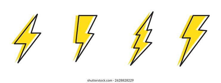 Ícone de raio definido. Sinal de flash de linha e glifo. Contornar símbolo de raio. Símbolos elétricos Símbolos elétricos de raios. Acende o sinal luminoso.