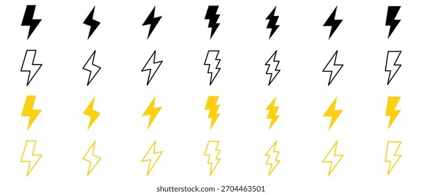 Conjunto de iconos de relámpago. Signo de línea y glifo. Vector de icono eléctrico. icono de energía. signo de energía. Símbolo del rayo del contorno. color negro y amarillo. Ilustración vectorial.
