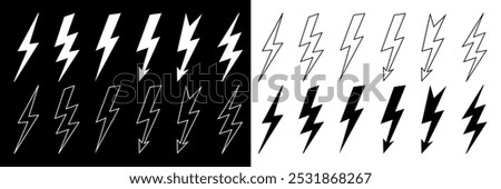 Lightning icon set. Line and glyph flash sign. Outline thunderbolt symbol.