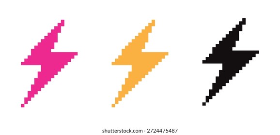 Blitz-Symbolsatz. Pixel Kunst Donner Form Zeichen, Symbol. Rosa, gelb, schwarze Symbole. Dekoratives flaches Element für Design, Aufkleber, Clipart, etc. Vektorgrafik. Einzeln auf weißem Hintergrund.