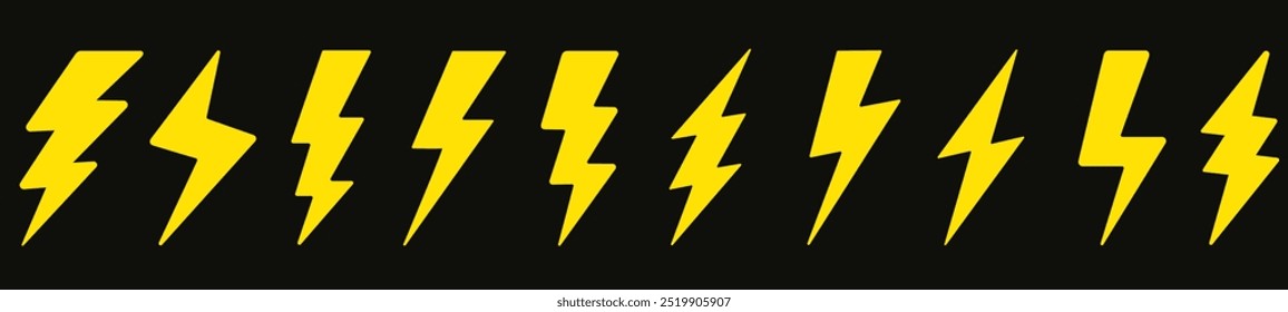 Conjunto de iconos de relámpago. Iconos de destello de relámpago de Thunder Bold. Logo de relámpago de Vector eléctrico, conjunto de truenos y relámpagos. conjunto de iconos de energía de trueno de destello. Señales del relámpago, Vector del conjunto del icono de los relámpagos