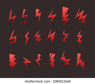 Lightning icon set. Thunder bolt storm vector symbol. Flwsh electric energy sign. Arrow abstract element.