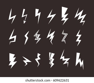 Lightning icon set. Thunder bolt storm vector symbol. Flwsh electric energy sign. Arrow abstract element.