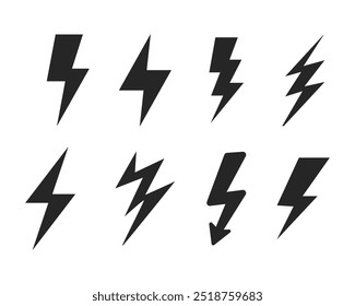 Blitz-Symbolsatz. Thunderbolt-Symbolsatz. elektrisches Icon, Vektorsatz. Netzsymbol. Energiezeichen. Blitzsymbol. elektrisches Zeichen. Isolierte schwarze Blitzsymbole auf weißem Hintergrund.