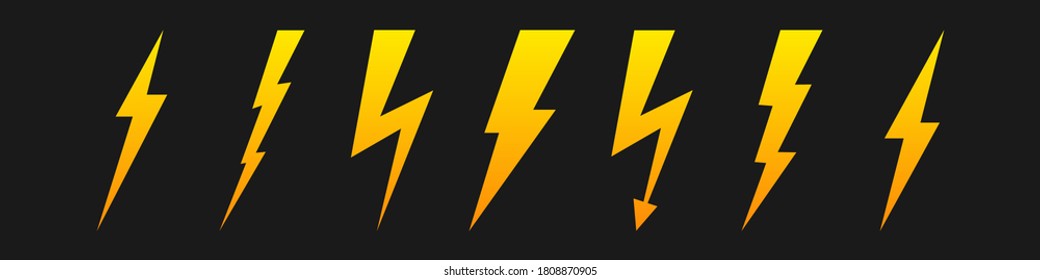 Lightning icon set. Yellow lightning bolt on a dark background. Electricity and power symbol. Zigzag. Speed. Electrical discharge.