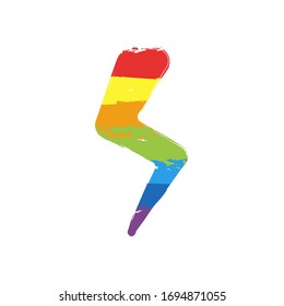 Lightning icon, sign of energy, strike of flash. Drawing sign with LGBT style, seven colors of rainbow (red, orange, yellow, green, blue, indigo, violet