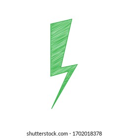 Lightning Icon sign. Green scribble Icon with solid contour on white background. Illustration.