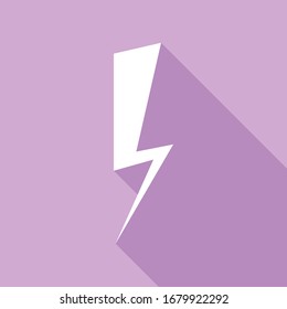 Lightning Icon sign. White Icon with long shadow at purple background. Illustration.