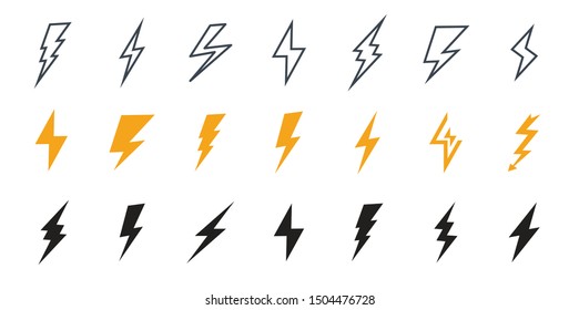 Lightning icon. Simple icon storm or thunder and lightning strike. Set of icons representing lightning bolt, lightning strike or thunderstorm. 