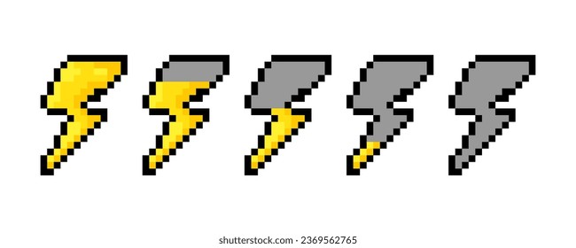 Lightning icon as a symbol of power in pixel art style. Symbols of various power levels in the game assets. 8bit lightning icon set