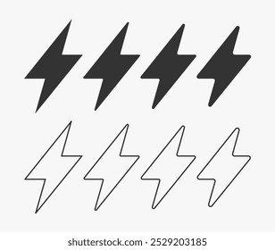 Lightning icon symbol set. Line and glyph flash sign logo. Outline thunderbolt electric symbol. Battery.Vector illustration image. Isolated on white background.