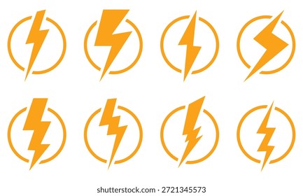 Símbolo del icono del relámpago en varios estilos. Señal eléctrica y símbolo. Vector del trueno fijado en el fondo blanco. Ilustración vectorial. EPS 10