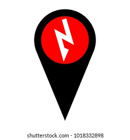 Lightning icon. Vector. Flat white icon in red circle at black marker on white background. Isolated.