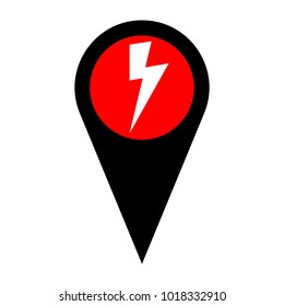 Lightning icon. Vector. Flat white icon in red circle at black marker on white background. Isolated.