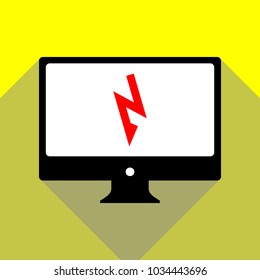 Lightning icon. Vector. Red icon on white monitor of black all-in-one desktop computer with two shadows at yellow background.