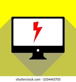 Lightning icon. Vector. Red icon on white monitor of black all-in-one desktop computer with two shadows at yellow background.